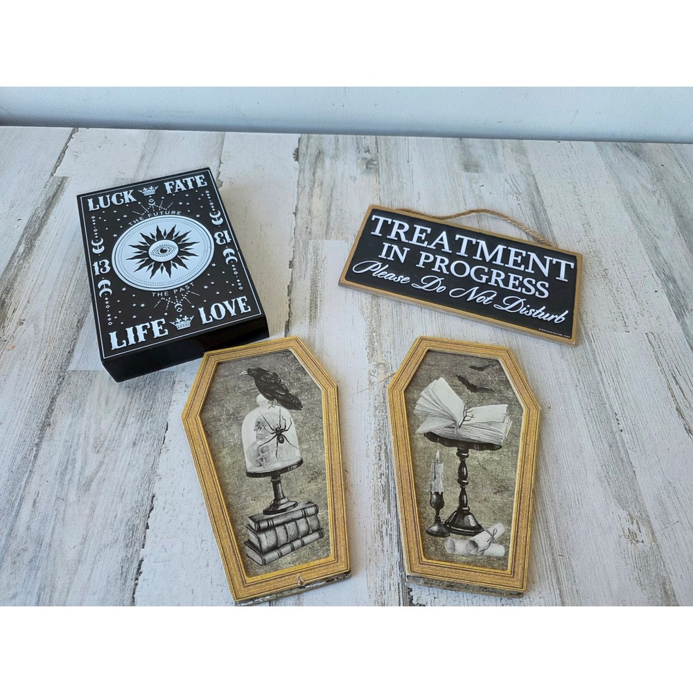 Halloween signs Ouija treatment Crow coffin gold black decor